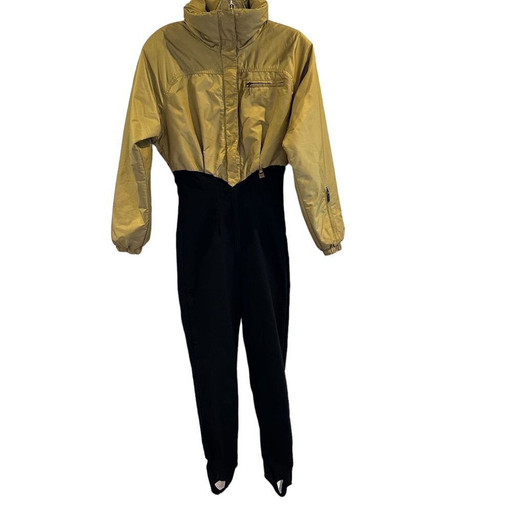Nils Skiwear One Piece Ski Suit Womens 6 Vintage 80s 90s Stirrup Leg Black Gold